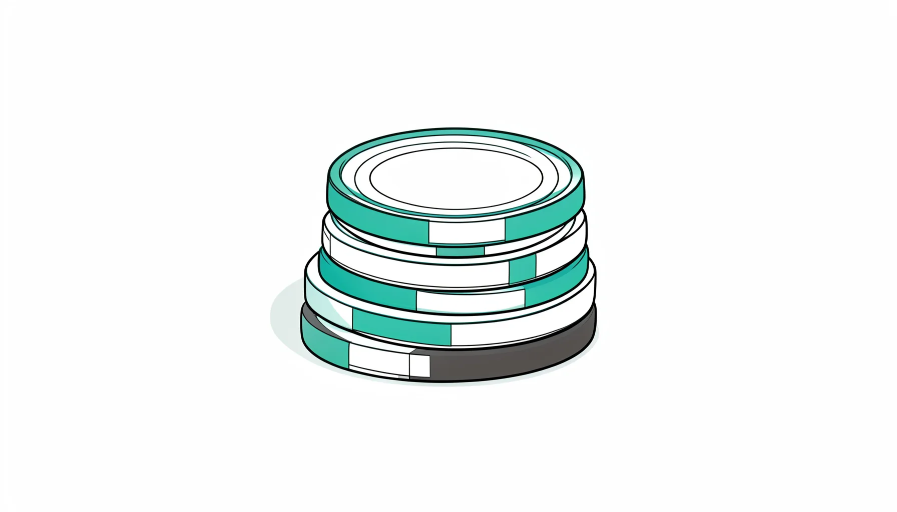 Minimal line drawing of stacked casino chips in teal, white, and charcoal, soft editorial style.