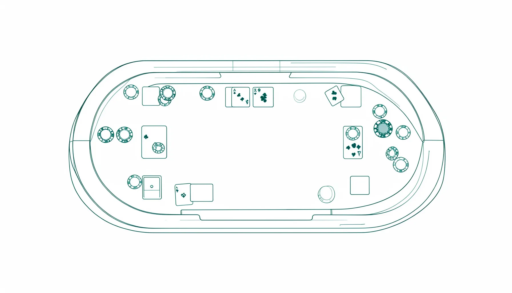 Minimal line drawing of a blackjack table layout from above with cards and chips, in teal and gray.