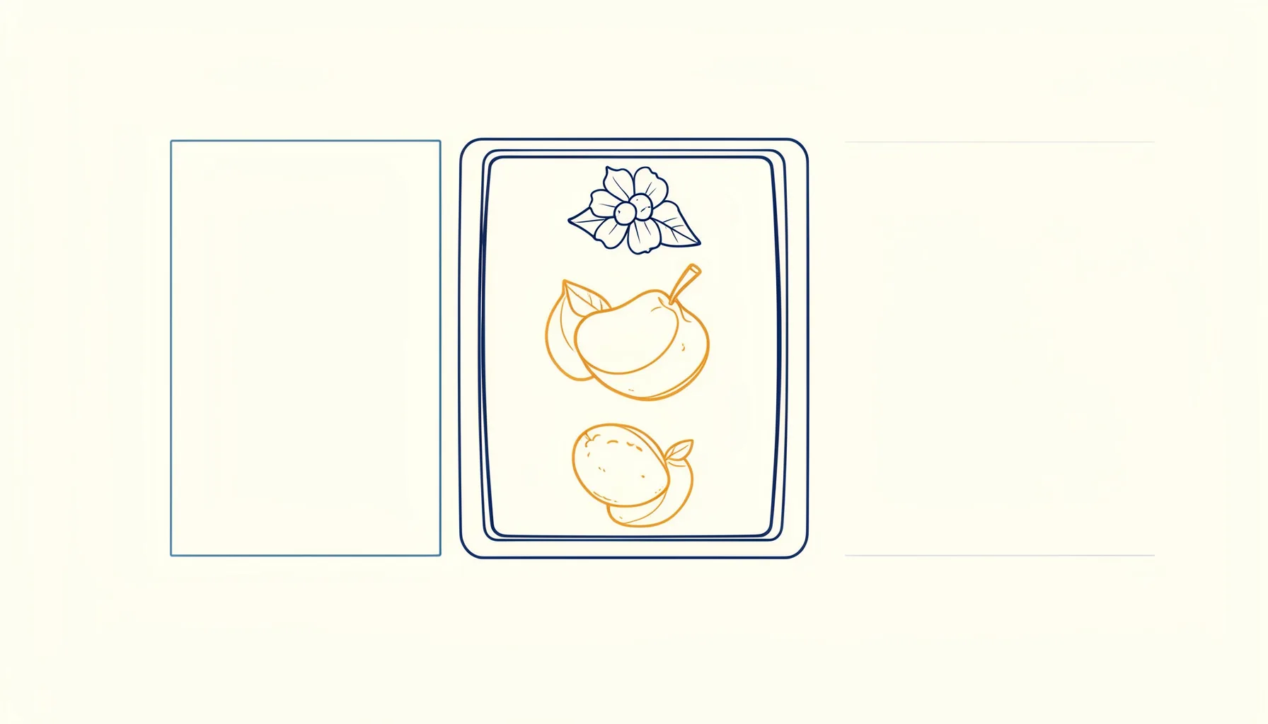 Minimal line drawing of three slot reels with fruit symbols, drawn in warm amber and navy on a soft cream background.
