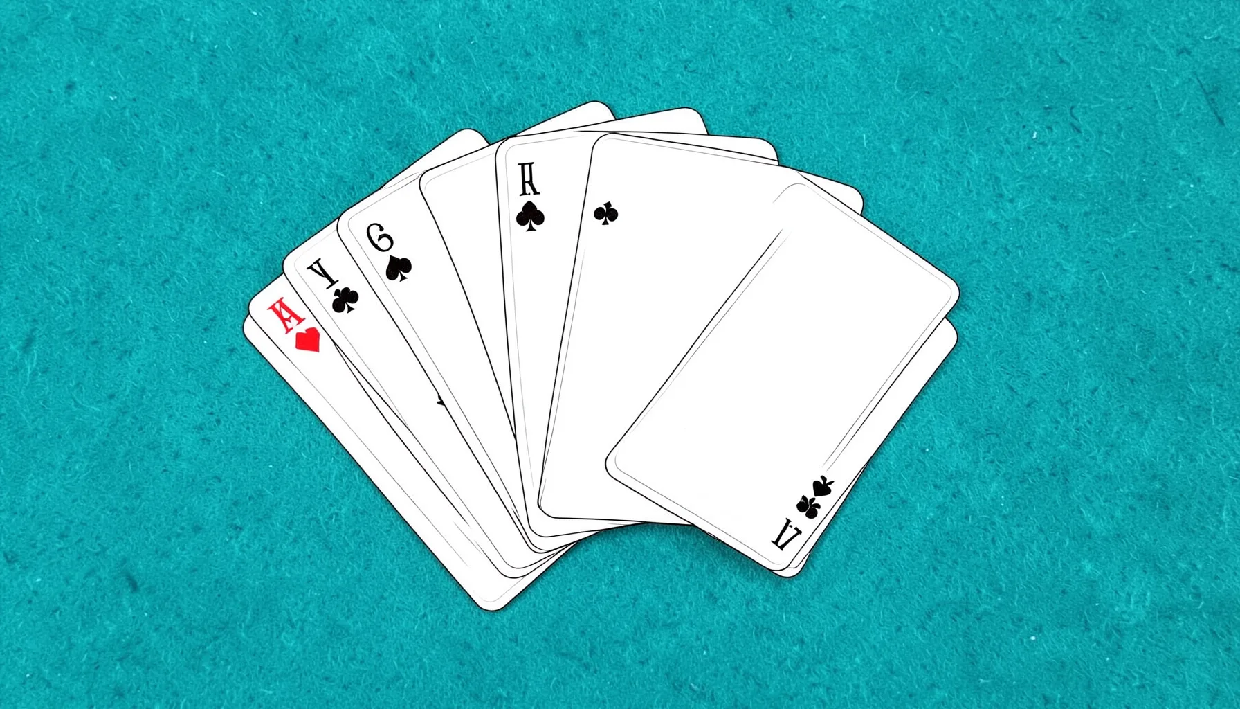 Minimal line drawing of playing cards fanned out on a teal felt surface, calm editorial illustration style.