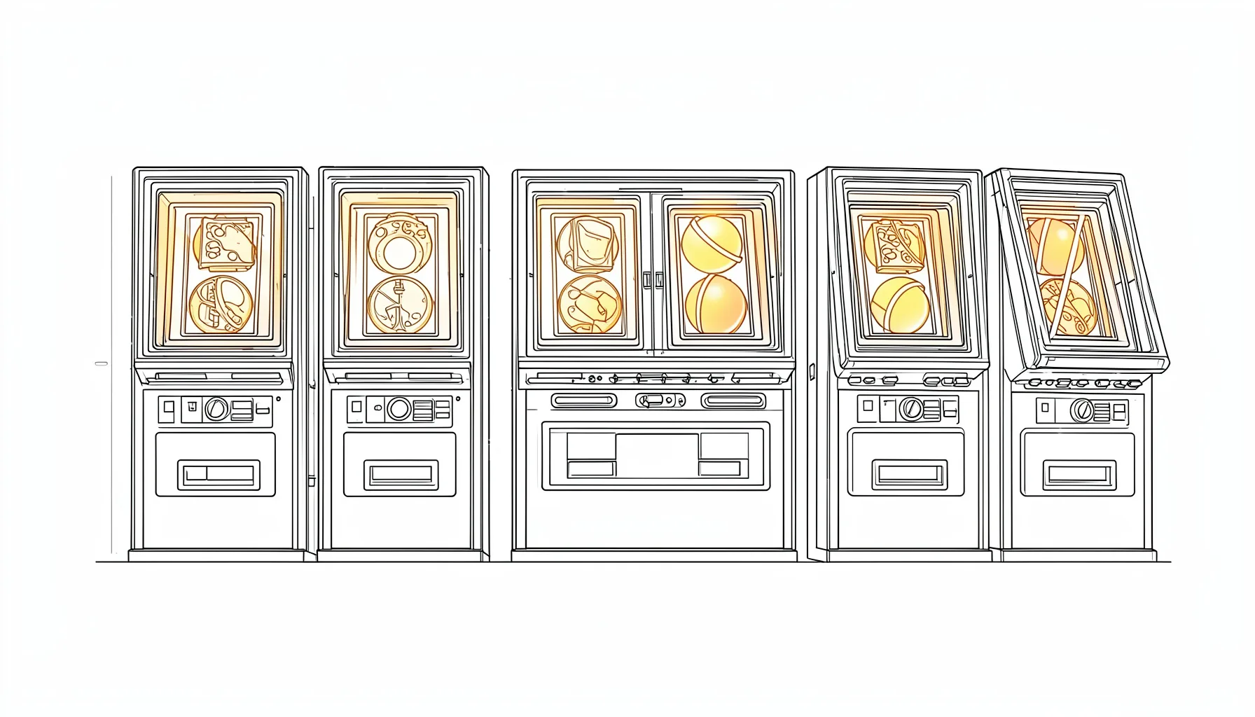Minimal line drawing of a row of slot machine cabinets with lit reels, drawn in warm amber and charcoal.