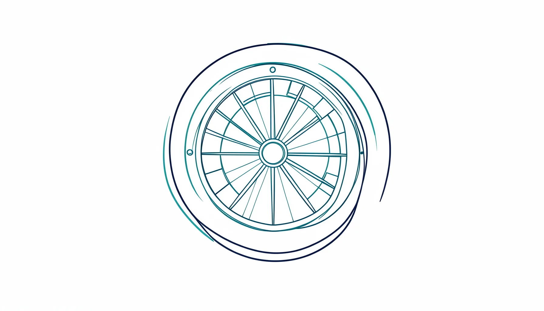 Minimal line drawing of a roulette wheel and ball in motion, drawn in cool teal and dark navy.