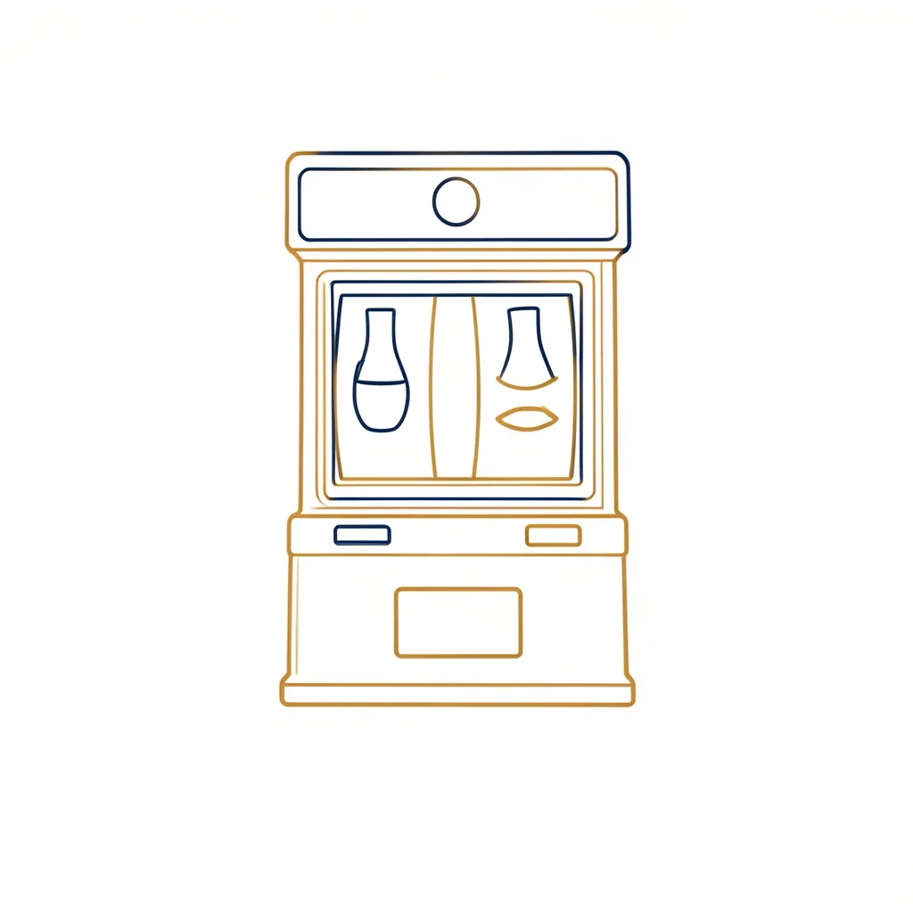 Minimal line drawing of a slot machine silhouette in warm amber and navy.