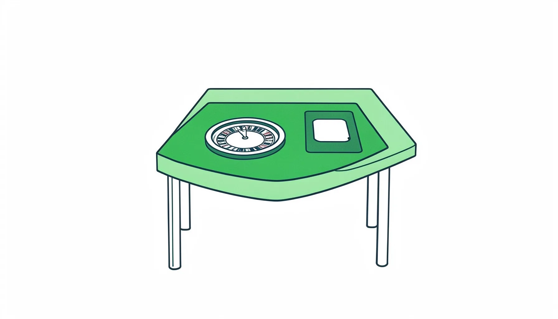 Minimal line drawing of a green felt card table with a roulette wheel and two card outlines in dark teal and charcoal tones