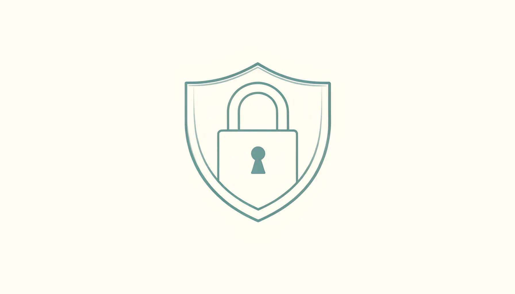 Minimal line drawing of a shield outline over a faint padlock in muted teal on a soft cream background, conveying a calm, secure mood